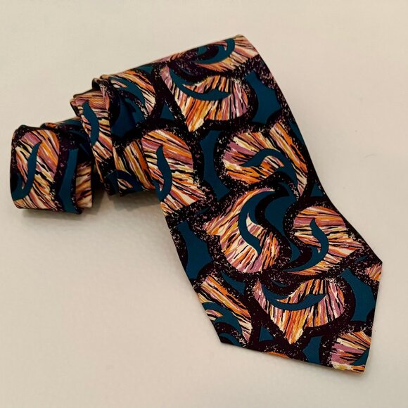 VINTAGE SILK NECKTIE TOM JAMES TALL MAN CONTEMPORARY SWIRLS TEAL BLACK USA MINT! - Picture 1 of 7